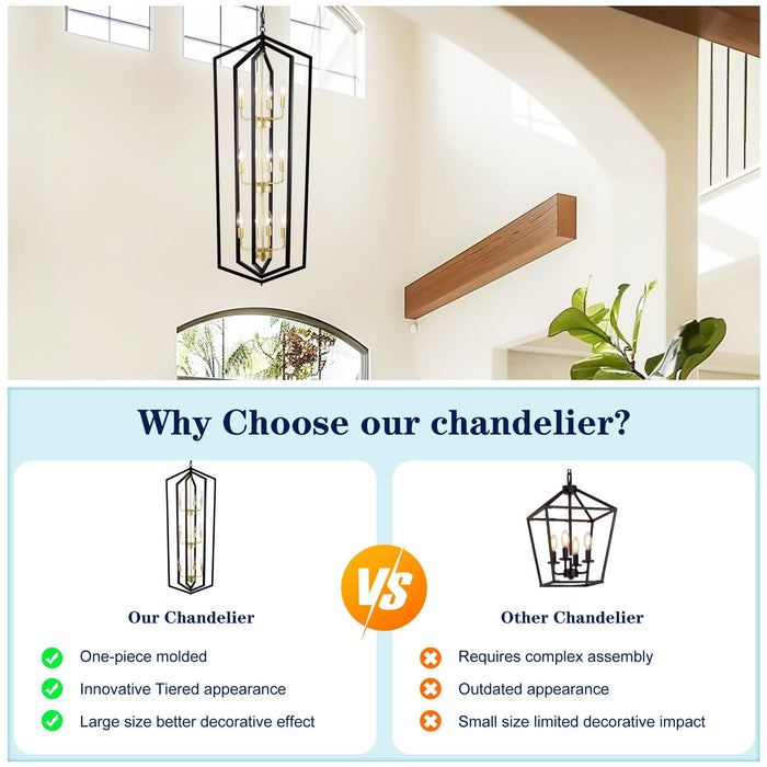 12-Light Lantern Tired Farmhouse Ceiling Hanging Light Black Chandelier Metal Modern Pendant Light Fixtures for Kitchen Island Dining Room Living Room Foyer Entryway(E12 Bulbs Not Included)