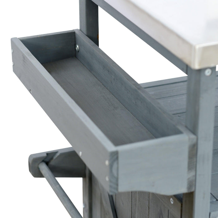 Outdoor Kitchen Island, Rolling Bar Cart & Storage Cabinet, Farmhouse Solid Wood Outdoor Grill Table with Stainless Steel Top, Spice Rack , Towel Rack for Kitchen & BBQ , Grey Blue - DTYStore
