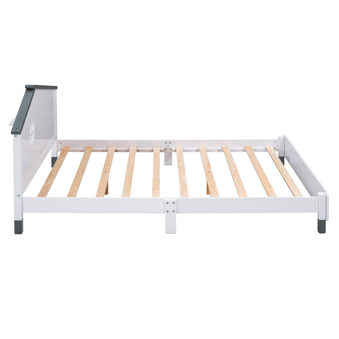 Full Size Wood Platform Bed with House-shaped Headboard (White+Gray) - DTYStore