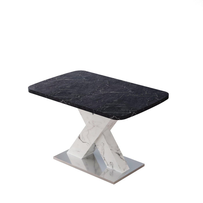 Modern Square Dining Table,Stretchable,Printed Black Marble Table Top+MDF White X-Shape Table Leg with Metal Base - DTYStore