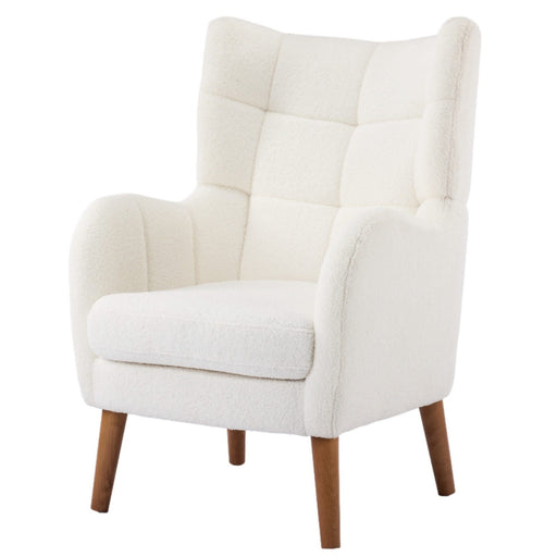 White Teddy Fabric Accent Chair with Birch Wood Legs, 41' High-Back Upholstered Lounge Chair, Comfortable Living Room Seating