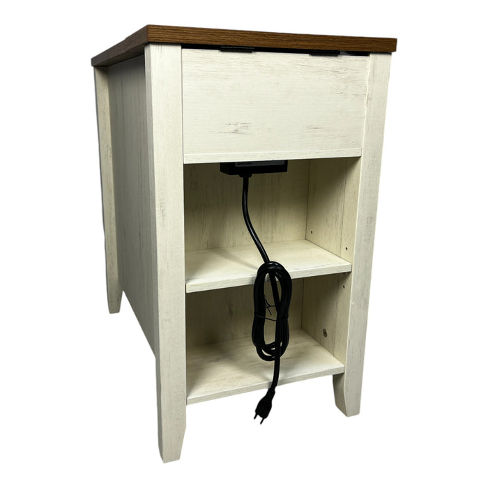 Farmhouse End Table with Charging Station,Night Stand with Barn Door and Drawer, Storage for Bedroom Living Room ,Bedside Table, Bedside Table Brown+white color