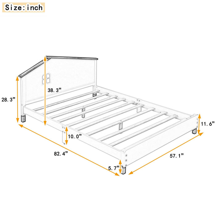 Full Size Wood Platform Bed with House-shaped Headboard (Cream+Walnut) - DTYStore