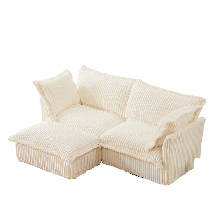 Slipcovered Sectional 2 Seater Sofa Couch with Convertible Ottoman, Wide and Deep Seat L Shaped Sofa with Detachable Cover and Soft Multiple Big Pillows,Cream Corduroy Fabric