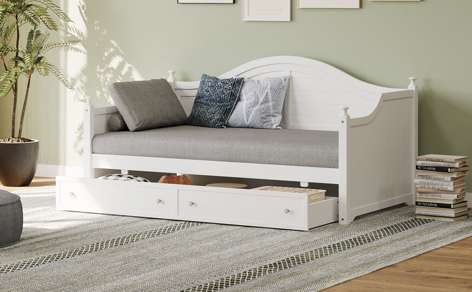 Twin Size Wood Daybed with 2 Storage Drawers ,Wooden Sofa Bed with Handrail for Living Room Bedroom, White
