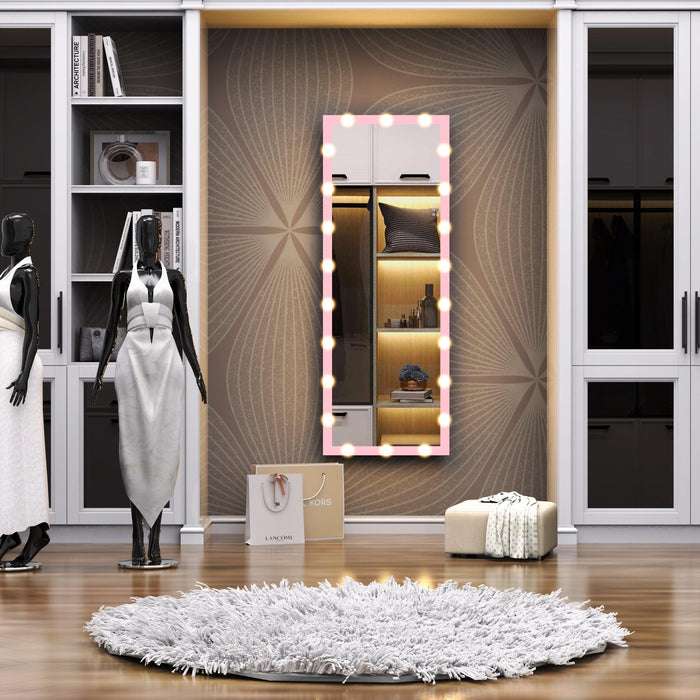 Hollywood Full Length Mirror with Lights Full Body Vanity Mirror with 3 Color Modes Wall Lighted Standing Floor Mirror for Dressing Room Bedroom Hotel Touch Control Pink 62.6"x23.3" - DTYStore