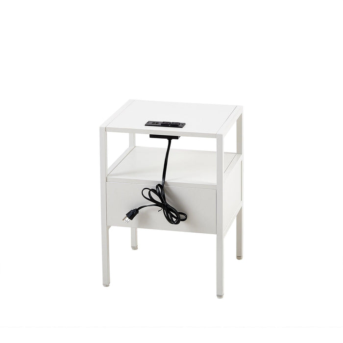 15.75" Rattan End Table with Power Outlet & USB Ports, Modern Nightstand with Drawer and Metal Legs - DTYStore