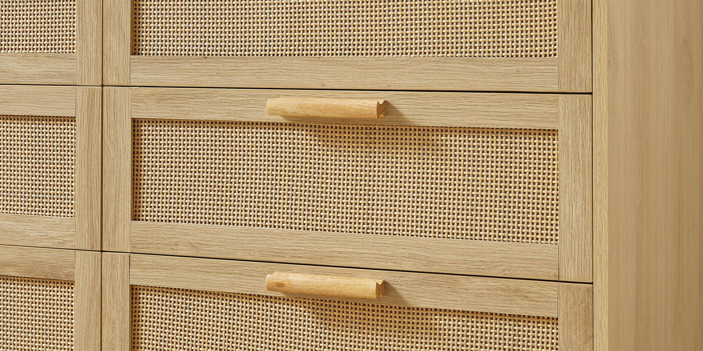 Bedroom dresser, 8 Double Dresser with rattan drawers, wood chest of drawers for kids room, living room, entry and hallway, Natural, 47.2''W x 15.8''D x 37.4''H. - DTYStore