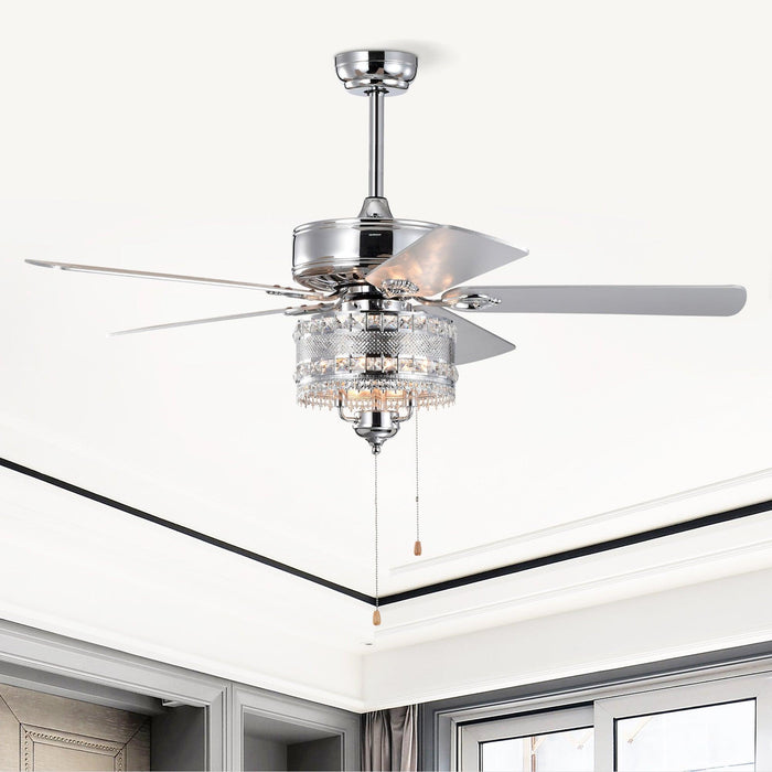 52'' Classical Crystal Ceiling Fan Lamp 5 Reversible Blades for Living Room, Dining Room, Bedroom, Family Room, Chrome (Hand Pull Chain) - DTYStore