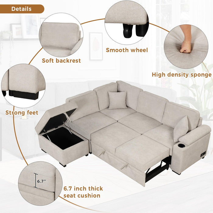 84.75" Sleeper Sofa Bed,2 in 1 Pull Out sofa bed L Shape Couch with Storage Ottoman for Living Room,Bedroom Couch and Small Apartment, Beige - DTYStore