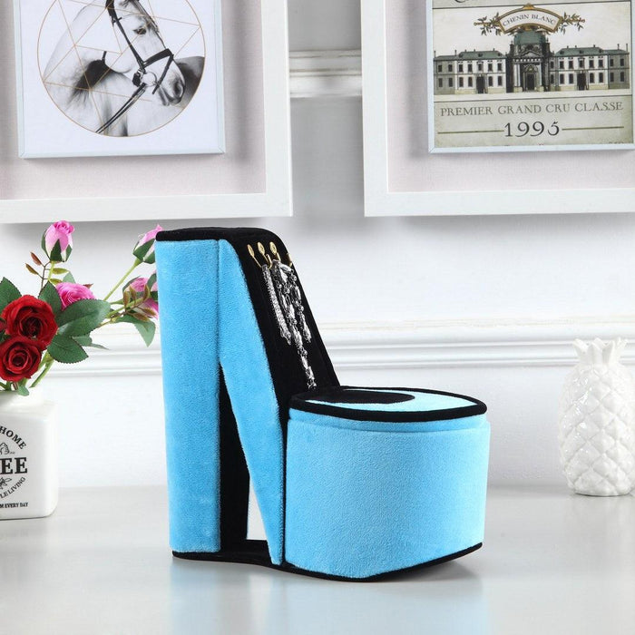 9" Tall Display Jewelry Box with Hooks, High Heel Shoe Design, Turquoise Velvet - DTYStore