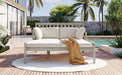 Outdoor Daybed, Patio Daybed with Four Pillows, Wooden Outdoor Bed with Curved Armrests for Poolside, Backyard, Garden (Gray+Beige Cushion) - DTYStore