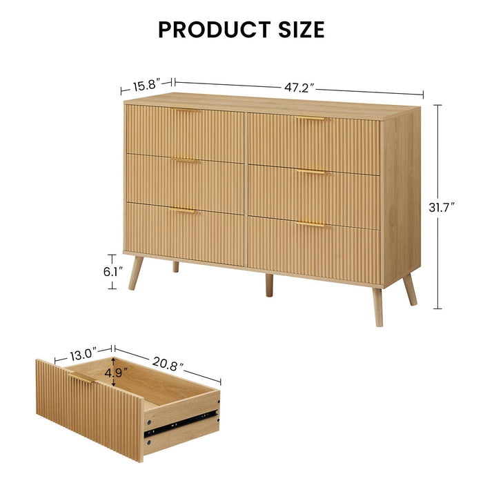 Bedroom Dresser, 6 Double Dressers with Wavy Drawers, Wooden Chest of Drawers for Children's Room, Living Room, Entrance and Hallway, Natural, 47.2''W x 15.8''D x 31.7''H. - DTYStore