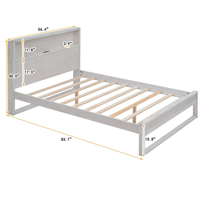 Platform Bed with Storage Headboard,Sockets and USB Ports,Full Size Platform Bed,Antique White - DTYStore