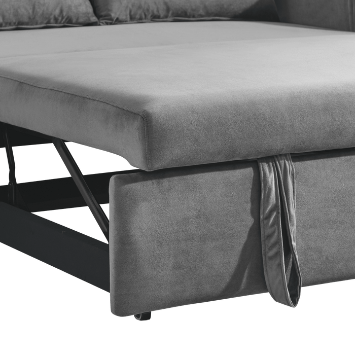 55" Modern Convertible Sofa Bed with 2 Detachable Arm Pockets, Velvet Loveseat Sofa with Pull Out Bed, 2 Pillows and Living Room Adjustable Backrest, Grid Design Armrests - DTYStore