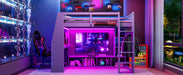Wood Full Size Gaming Loft Bed with Desk, Multi-storage Shelves, LED and a Hanging Clothes Rack, Gray - DTYStore