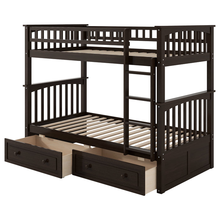 Twin over Twin Bunk Bed with Drawers, Convertible Beds, Espresso