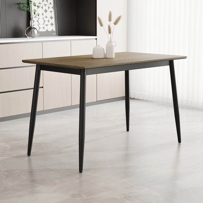 Modern minimalist wood grain tabletop dining table, stylish dining table, kitchen dining table, sturdy and durable, easy to assemble, black metal leg design, suitable for 4-6 people, suitable for home