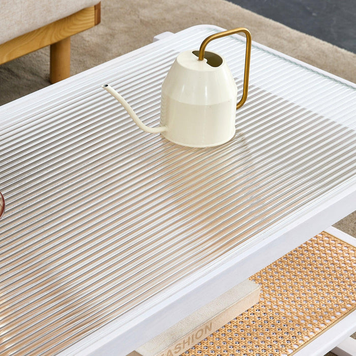 Modern Minimalist White Double Layered Solid Wood Coffee Table. Glass tabletop, imitation rattan edge table. Rectangular table suitable for living room, dining room, and bedroom - DTYStore