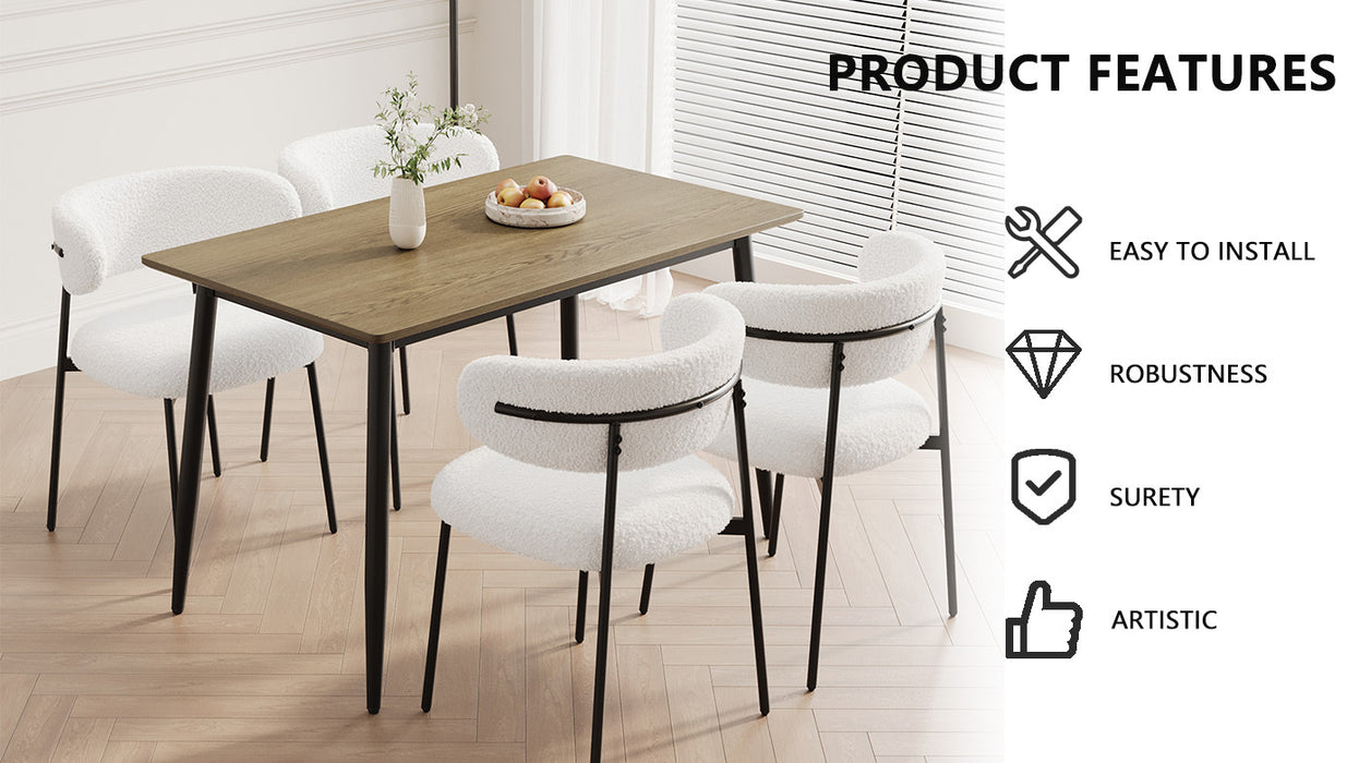 Modern minimalist walnut wood grain tabletop dining table and chair 4-piece set, stylish dining table, kitchen dining table, black metal leg design, suitable for 4-6 people dining