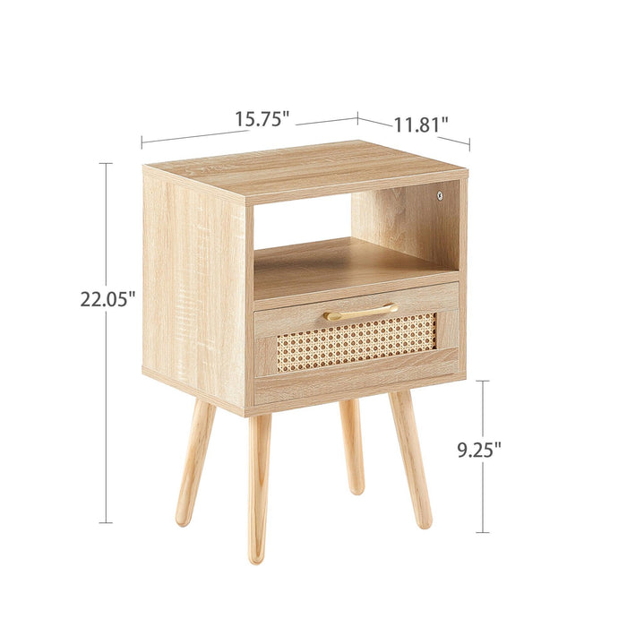 15.75" Rattan End table with drawer and solid wood legs, Modern nightstand, side table for living room, bedroom,natural