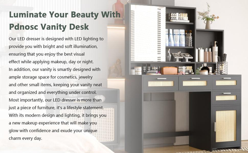 Makeup Vanity with Lights in 3 Colors & Openable Mirror, Vanity Desk with 4 Drawers & 1 Cabinets & Shelves, Vanity Table Rattan Vanity Dresser, for Bedroom - DTYStore