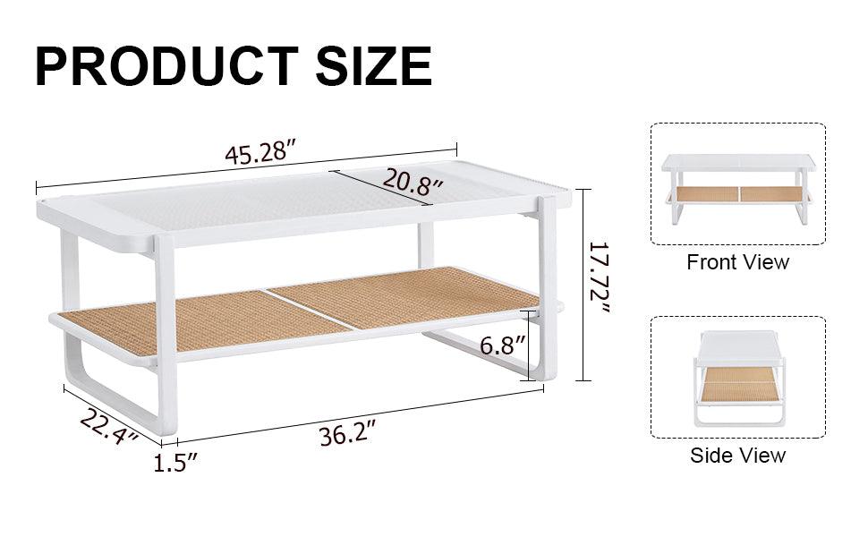 Modern Minimalist White Double Layered Solid Wood Coffee Table. Glass tabletop, imitation rattan edge table. Rectangular table suitable for living room, dining room, and bedroom - DTYStore