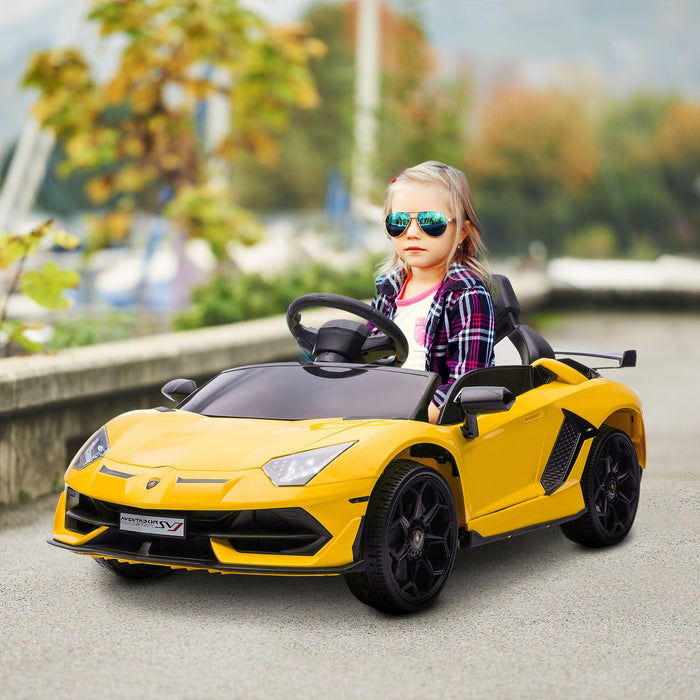 Lamborghini Aventador Licensed Kids Ride on Car with Scissor Doors, Easy Transport, 12V Electric Car for Kids with Remote Control, Suspension System, Horn, Music, Lights, Yellow - DTYStore