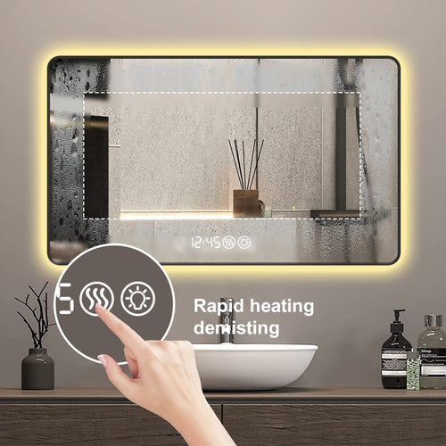 Modern Black Aluminum Frame Wall Mirror with Rounded Corners, Temperature Display, Tri-Color Light, Defogging - Image 8