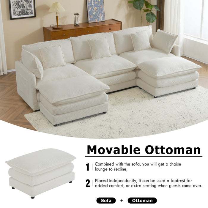 112.6" Modern Sofa Modular Sofa Couch Upholstered Corduroy L-Shape Sectional Sofa with Side Storage Pockets for Living Room, Beige