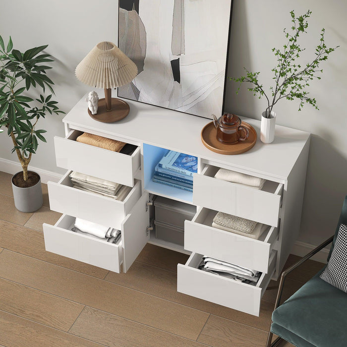 Living Room Sideboard Storage Cabinet White High Gloss with LED Light, Modern Kitchen Unit Cupboard Buffet Wooden Storage Display Cabinet - DTYStore