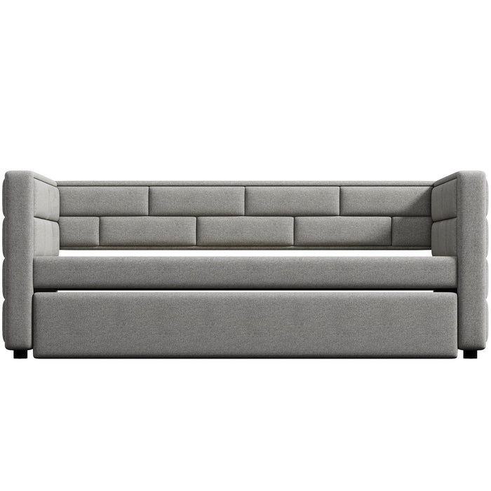 Twin Size Daybed with Trundle, Upholstered Daybed with Padded Back, Gray - DTYStore