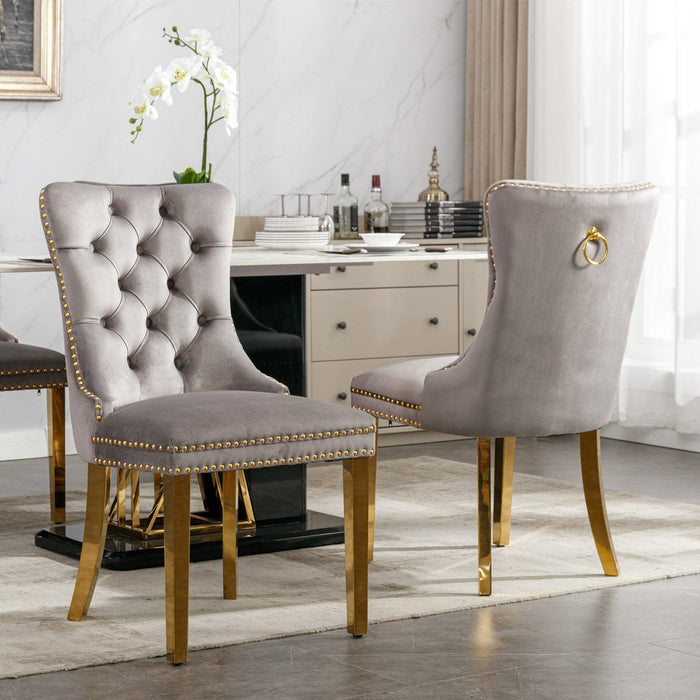 Nikki Collection Modern, High-end Tufted Solid Wood Contemporary Velvet Upholstered Dining Chair with Golden Stainless Steel Plating Legs,Nailhead Trim,Set of 2,Gray and Gold - DTYStore