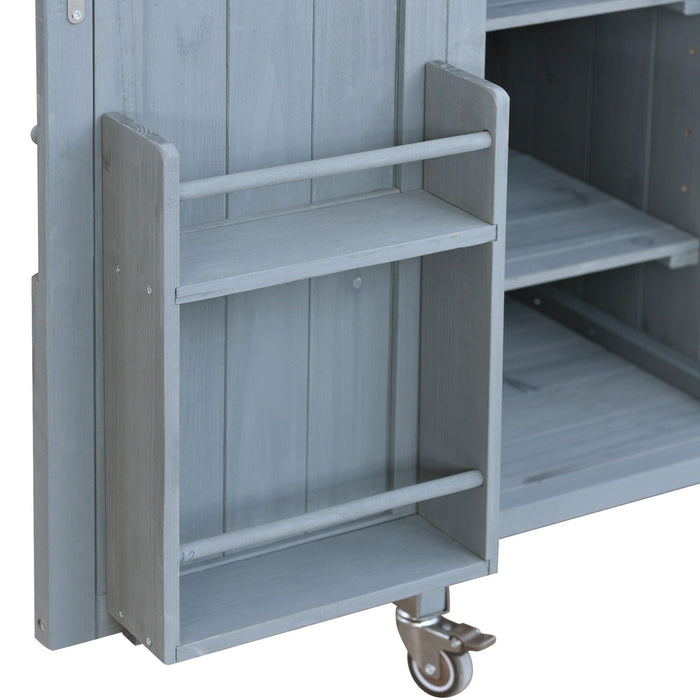 Outdoor Kitchen Island, Rolling Bar Cart & Storage Cabinet, Farmhouse Solid Wood Outdoor Grill Table with Stainless Steel Top, Spice Rack , Towel Rack for Kitchen & BBQ , Grey Blue - DTYStore
