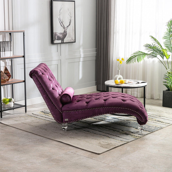 COOMORE Velvet Chaise Lounge Indoor,Button-Tufted Upholstered Chaise Lounge Chair with Pillow for Bedroom Living Room Office (Purple Velvet) - DTYStore