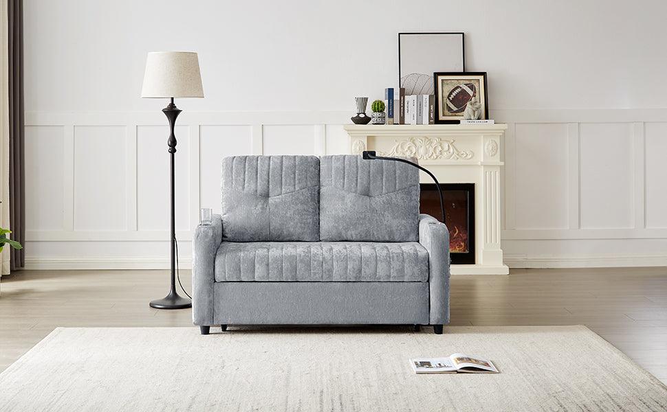 53.9" Modern Loveseat Pull-out Sofa Bed with Adjustable Backrest, Two Cup Holders , a Phone Holder, Three Charging Ports and Side Storage Pockets for Living Room, Grey - DTYStore