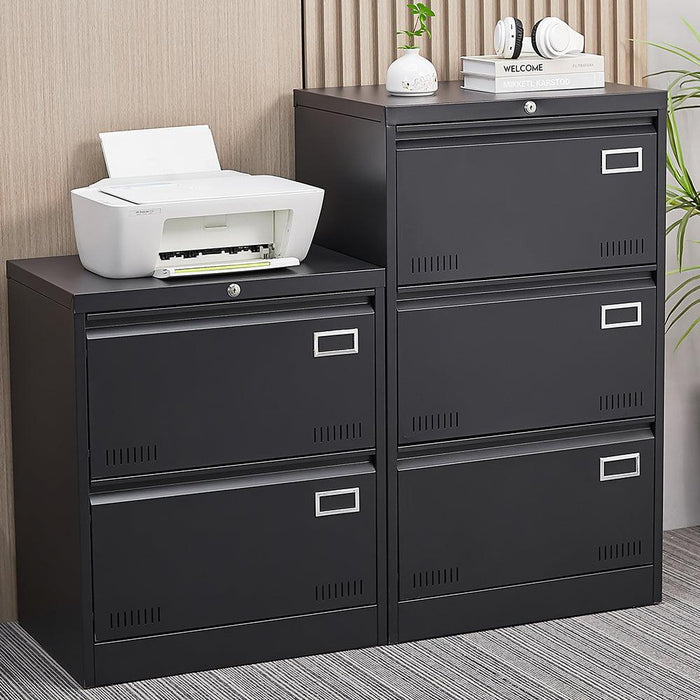2 Drawer Metal Lateral File Cabinet with Lock,Office Vertical Files Cabinet for Home Office/Legal/Letter/A4,Locking Metal File Cabinet,Assembly Required (Black,with 2 Drawer) - DTYStore