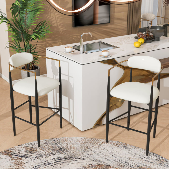 Barstools Set of 2, Counter Height Upholstered Bar Stools with Back for Kitchen Island, Beige Faux PU Leather Seating Black Iron Legs 260LBS Weight Capacity - DTYStore