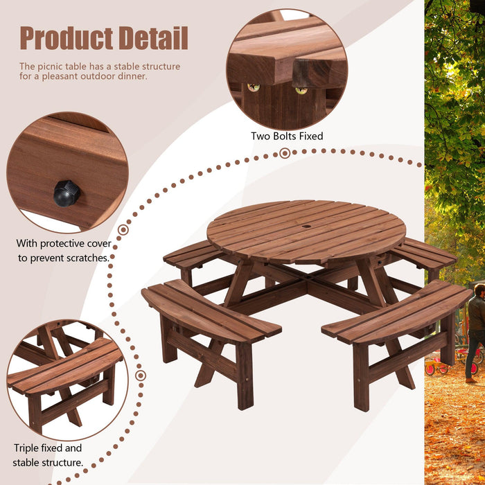 8 Person Wooden Picnic Table, Outdoor Camping Dining Table with Seat, Garden, DIY w/ 4 Built-in Benches, 2220lb Capacity - DTYStore