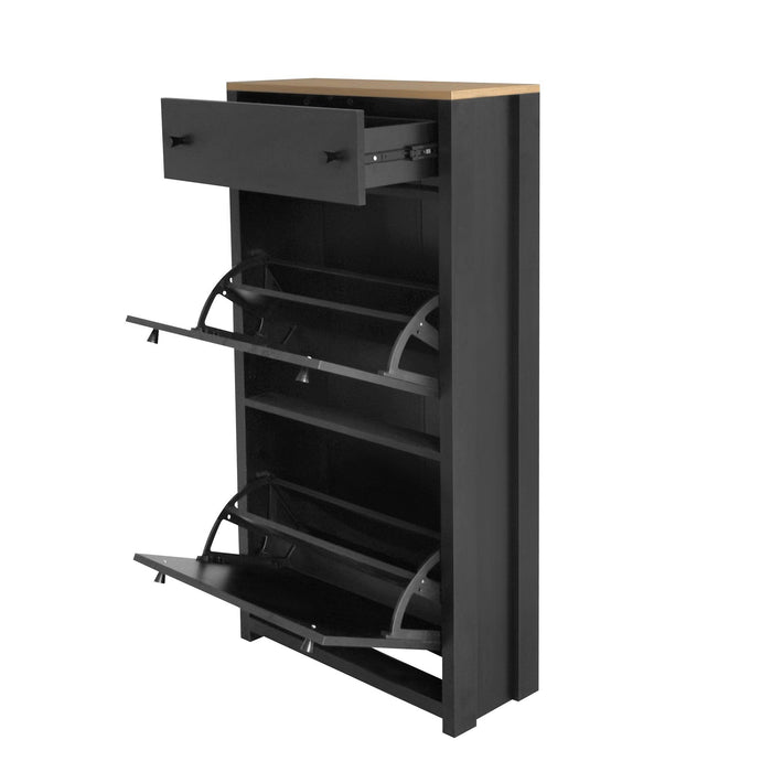 Functional Entryway Organizer with 2 Flip Drawers, Wood Grain Pattern Top Shoe Cabinet with Drawer, Free Standing Shoe Rack with Adjustable Panel for Hallway, Black - DTYStore