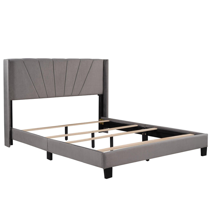 Queen Size Velvet Upholstered Platform Bed, Box Spring Needed - Gray - DTYStore