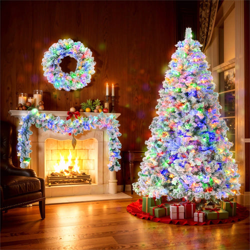 6FT Snow Flocked Christmas Tree, Pre-Lit Set with Tree & Garland & Wreath, Artificial Hinged Xmas Tree with Colorful LED Lights, 8 Lighting Modes, Pine Cones, Holiday Décor for Home - Image 1
