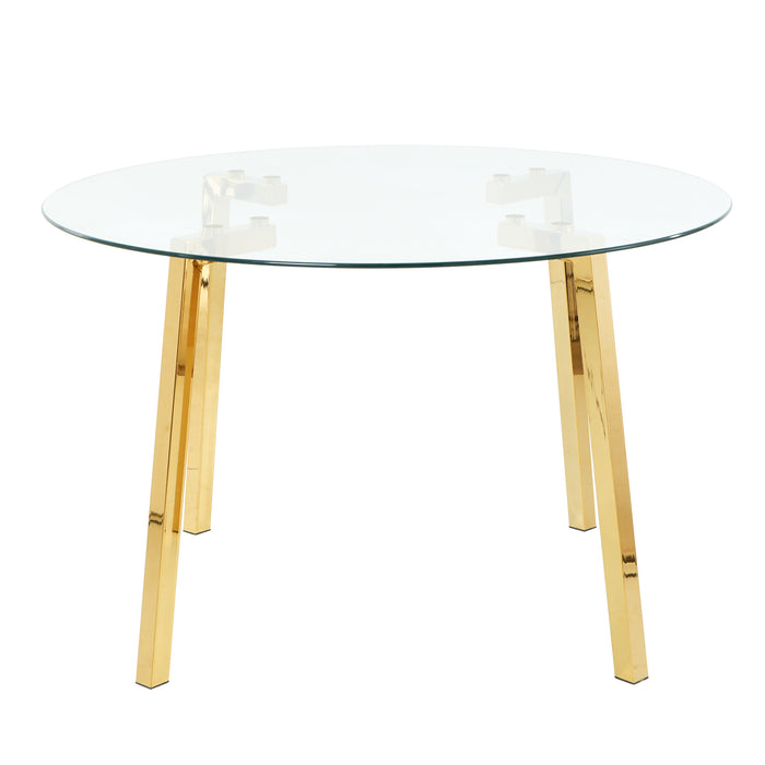 Modern minimalist 47.2 " round glass dining table with clear glass countertop and gold-plated metal legs, suitable for kitchen, dining room and living room (set of 1)
