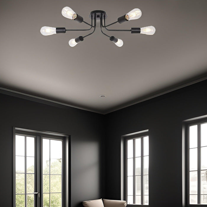 Modern Sputnik Chandelier 6 Light Semi Flush Mount Ceiling Lighting Cotemporary Industrial Brushed Nickel Ceiling Fixture - DTYStore