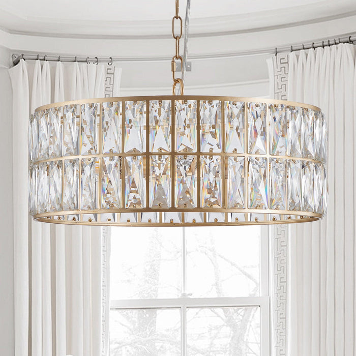 Modern Crystal Drum Chandelier, 6-Light Pendant Lighting Fixture with Golden Metal Frame for Living Room, Dining Room, and Bedroom (Bulbs Not Included)