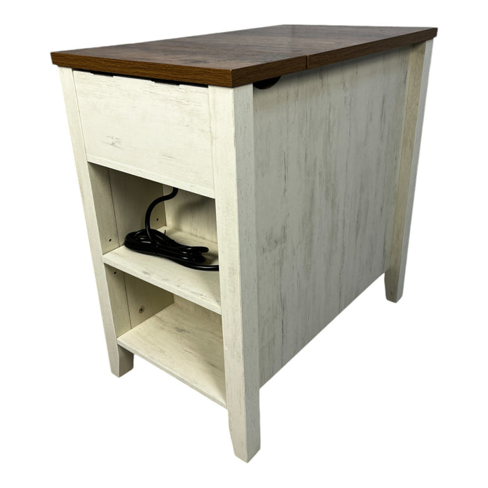 Farmhouse End Table with Charging Station,Night Stand with Barn Door and Drawer, Storage for Bedroom Living Room ,Bedside Table, Bedside Table Brown+white color