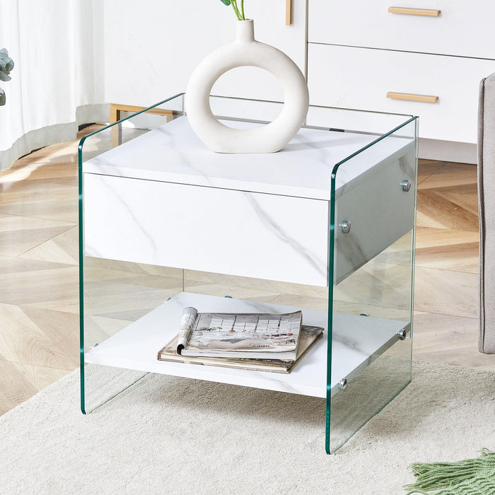 Bedside table with drawers. The board surface is MDF sticker, and both sides are transparent tempered glass. The design is simple and elegant, with excellent storage functions. - DTYStore