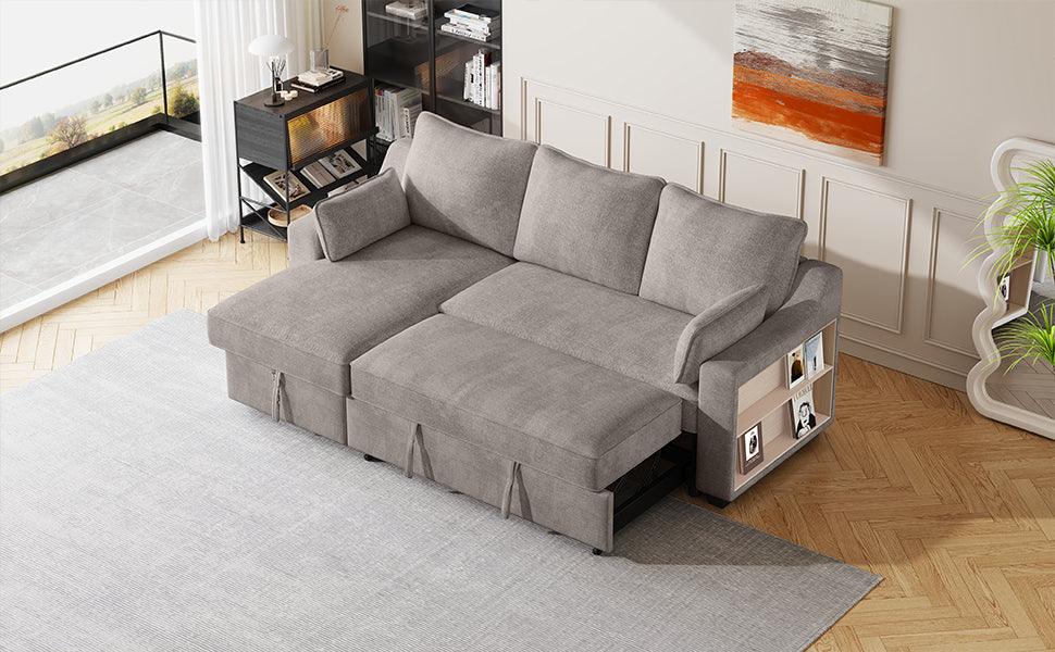 90" Pull Out Sleeper Sofa L-Shaped Couch Convertible Sofa Bed with Storage Chaise, Storage Racks and USB Ports, Light Brown - DTYStore