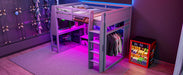 Wood Full Size Gaming Loft Bed with Desk, Multi-storage Shelves, LED and a Hanging Clothes Rack, Gray - DTYStore