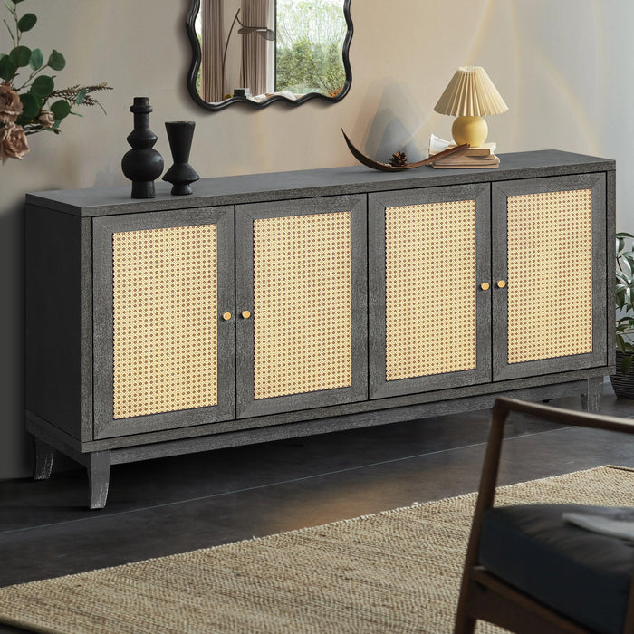 Handcrafted Premium Grain Panels,Rattan Sideboard Buffer Cabinet With 4 Rattan Doors, Modern Storage Cupboard Console Table with Adjustable Shelves for Living Room(Antique Dark Gray)